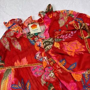 FARM Rio Women's XS Red Floral Ruffle‎ Button Up Long Sleeve Blouse Top